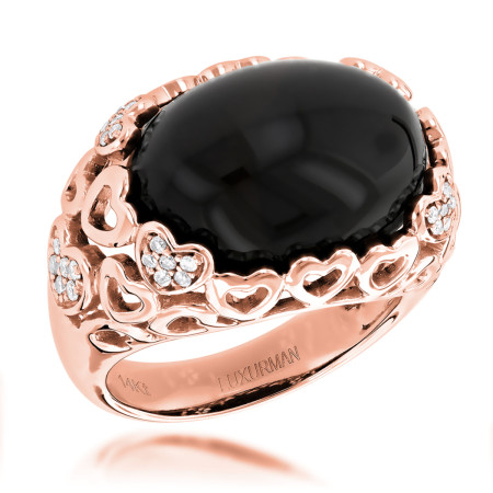 Right Hand Diamond Fashion Luxurman Onyx and Hearts Ring 14K Gold in Rose color 770010
