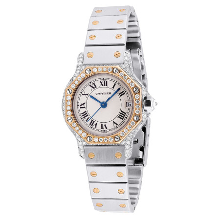 Cartier Santos Octagon 18K Gold and Stainless Steel Diamond Women's Watch 25mm 1.5ct Automatic Movement S000550