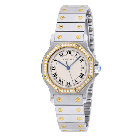 Cartier Santos Octagon Women's 18K Gold Diamond Watch | 31mm | Quartz | 0.38ct | Cream Dial s00825