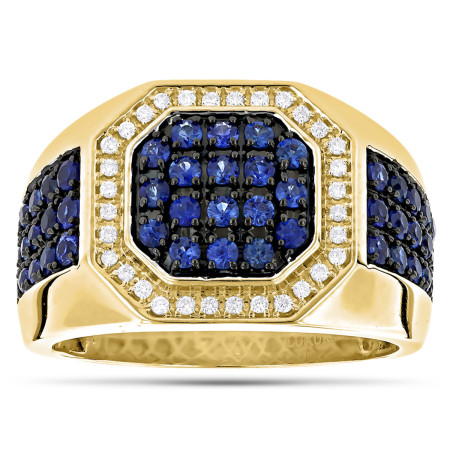 Unique 14K Gold Diamond and Blue Sapphire Men's Ring by Luxurman 1.8ctw in Yellow color  802801