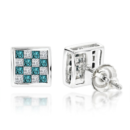 Unique 14K Gold White and Blue Princess Cut Diamond Earrings Studs 0.65ct 204163