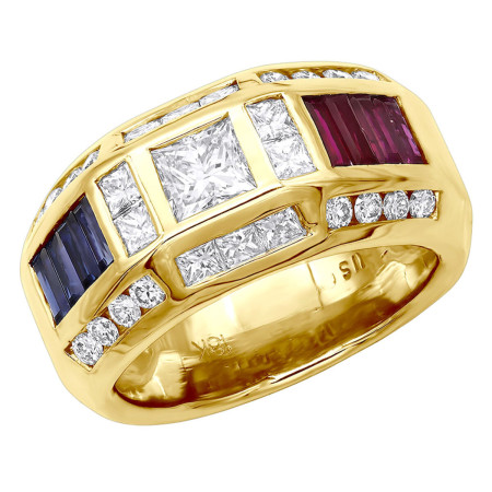 Unique Men's Diamond Ring w Rubies and Sapphires 18k Gold Statement Ring in Yellow color  000999