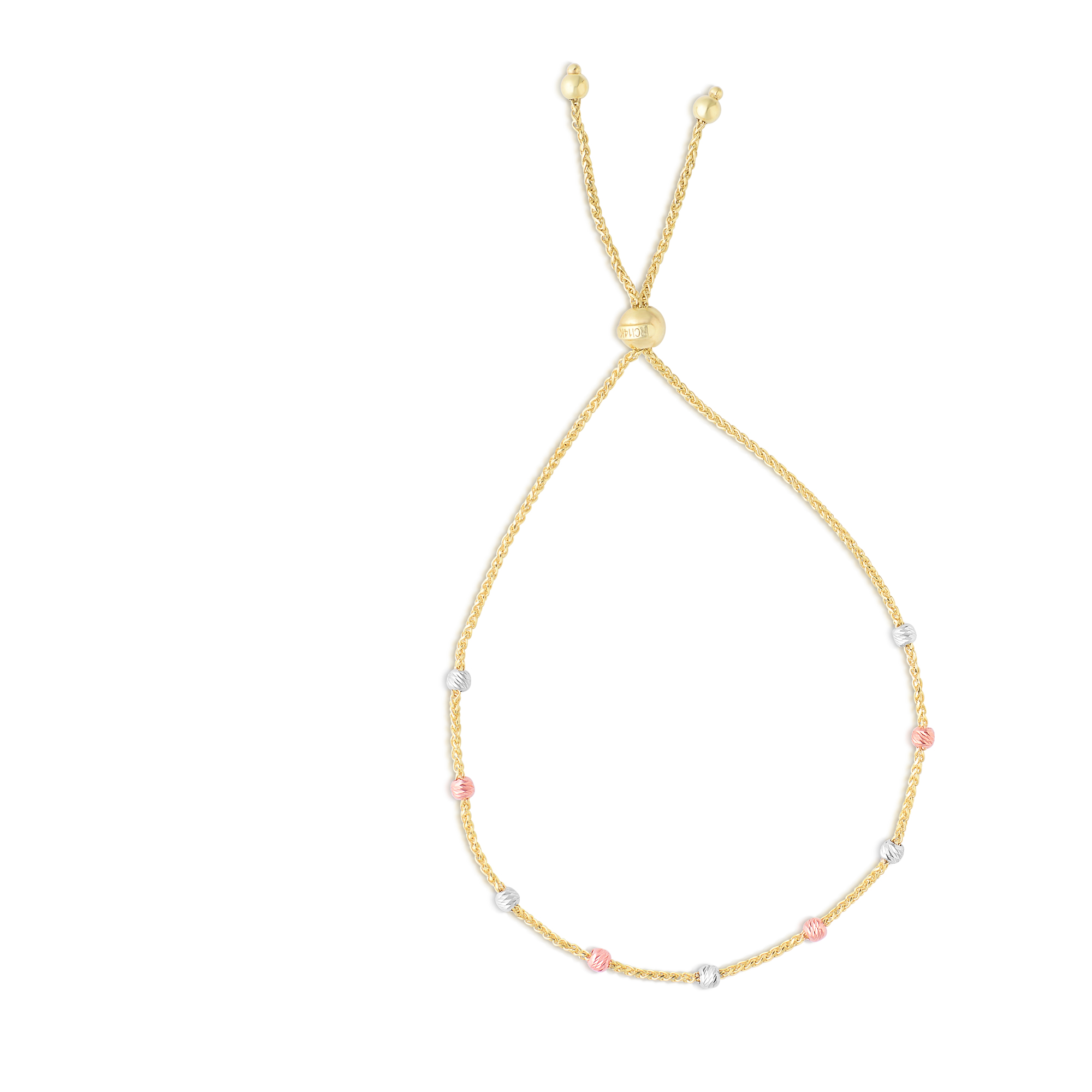 Item Code: HD5115, Approx. Weight: 2 g, Warranty: 12 months, Metal: 14K Tricolor Gold, Width: 3/16in (5.4mm), Length: 9 1/4in (235mm), Clasp: Draw String.