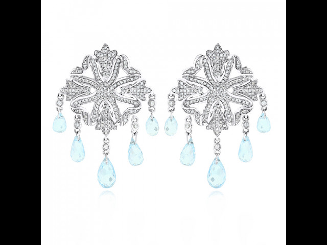 14K White Gold Diamond Chandelier Earrings Blue Topaz 0.64ct