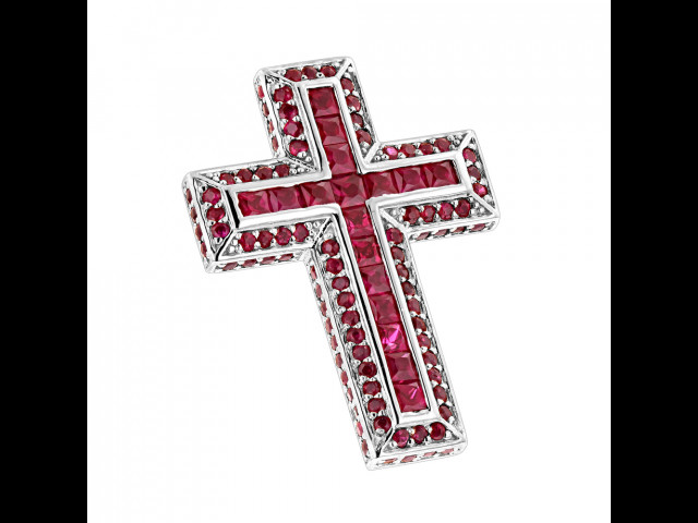 14K White Gold Ruby Cross Pendant Round Princess Cut 2.85ct