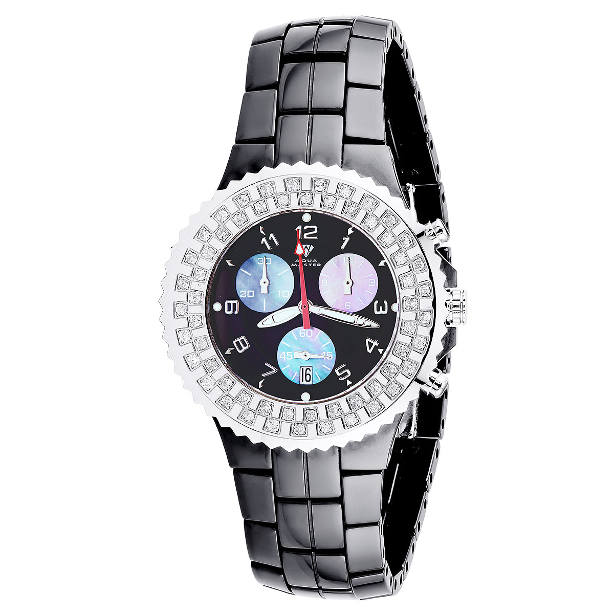 Aqua Master Men\'s Chronograph Diamond Watch Tonneau Case MOP Sub-Dials, Black Gents Aqua Master 1-1/2 CT. T.W. Stainless-Steel Fashion  main image 2