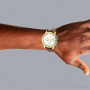 Luxurman Matching His & Hers Yellow Gold Plated Diamond Watch Set with Leather Band on the body img