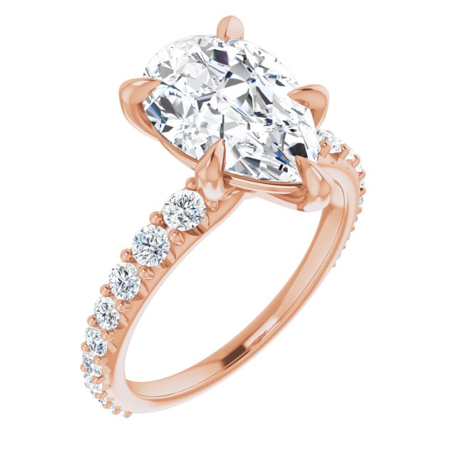 Item Code: ST096DLP, Warranty: 12 months, Ring Style: Birthstone, Metal: 14K Gold, Bridal: Bridal, Engagement, Setting Type: Accented, Width: 1/2in (13mm), Personalization: Yes, Jewelry Shape: Pear, Carat Weight: 3 ct, Type of Gemstone: Diamond, Shape: Pear, Round, Color: F, Clarity: VS1, Stone Setting Type: Claw Prong, Shared Prong.