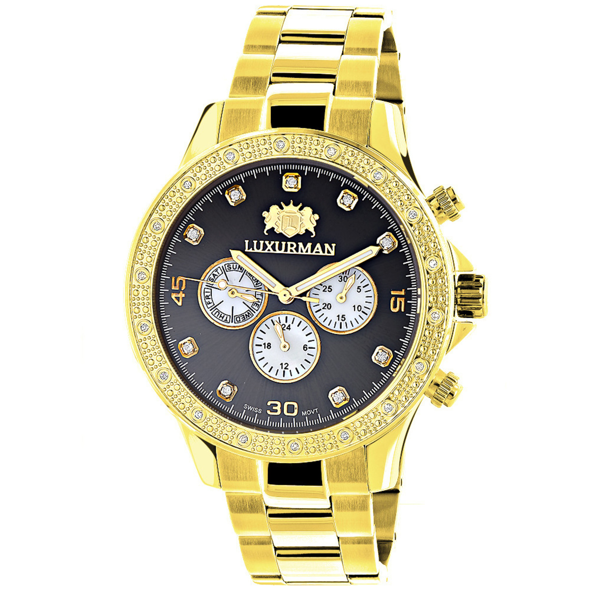 ●ONE BRILLIANT● EttaOB548Black 5009360786 Black Dial Yellow Gold Plated Luxurman Diamond Watch for Men