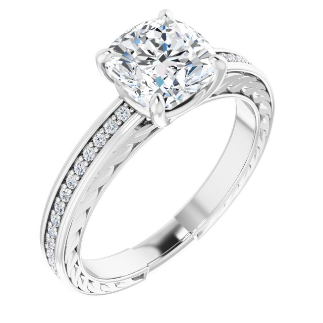 Item Code: ST227DLC, Warranty: 12 months, Ring Style: Birthstone, Metal: 14K Gold, Bridal: Bridal, Engagement, Setting Type: Accented, Width: 1/4in (6.5mm), Personalization: Yes, Carat Weight: 2 ct, Type of Gemstone: Diamond, Shape: Cushion, Round, Color: F, Clarity: VS1, Stone Setting Type: Prong, Pinpoint.