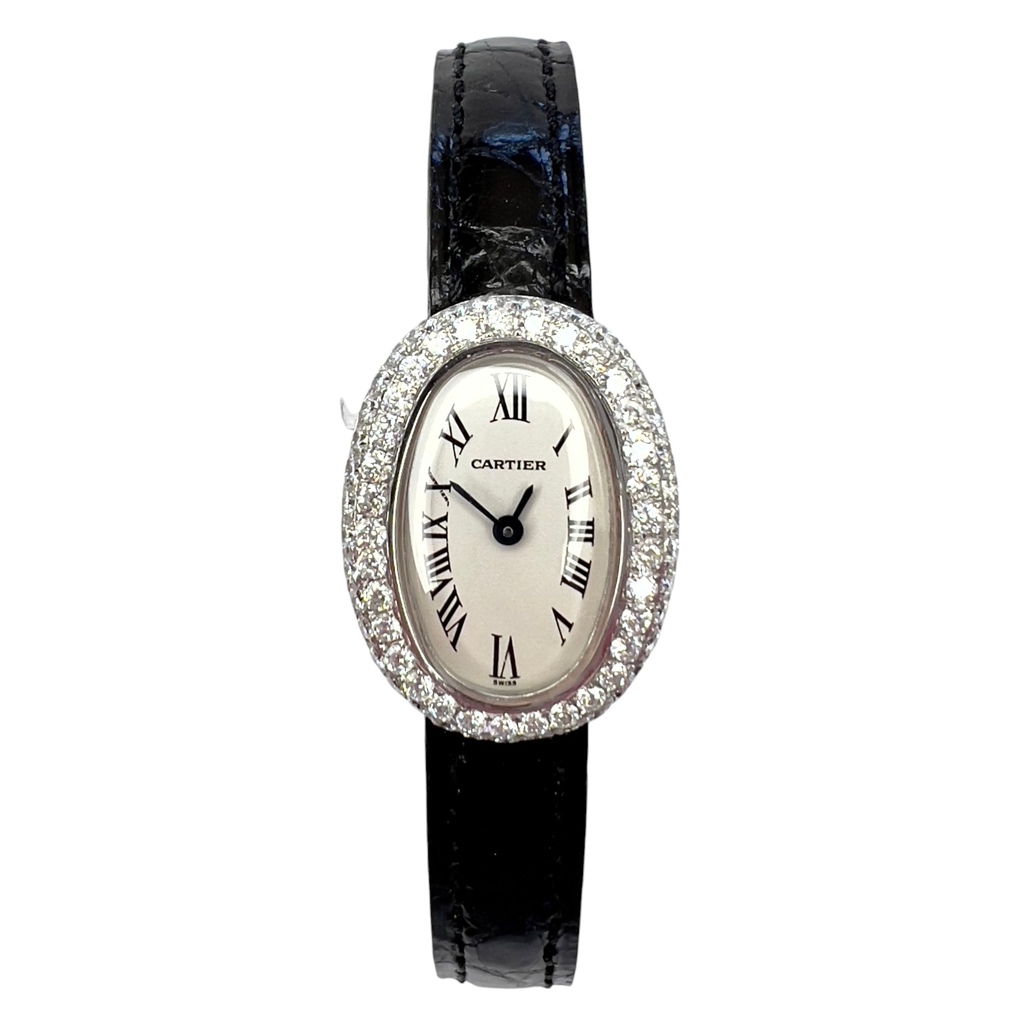 Model/Collection Name: Baignoire Mini, Movement: Swiss-Quartz, Case Diameter/Width: 22 mm, Bezel Material: Gold, Dial: White, Crystal: Plexiglass.
