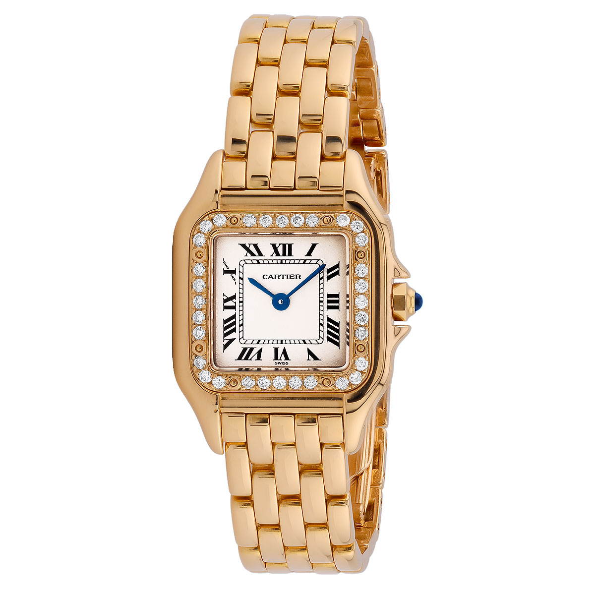 Model/Collection Name: Panthere, Movement: Quartz, Case Diameter/Width: 23 mm, Bezel Material: Yellow Gold, Dial: Cream, Crystal: Scratch Resistant Sapphire Crystal.