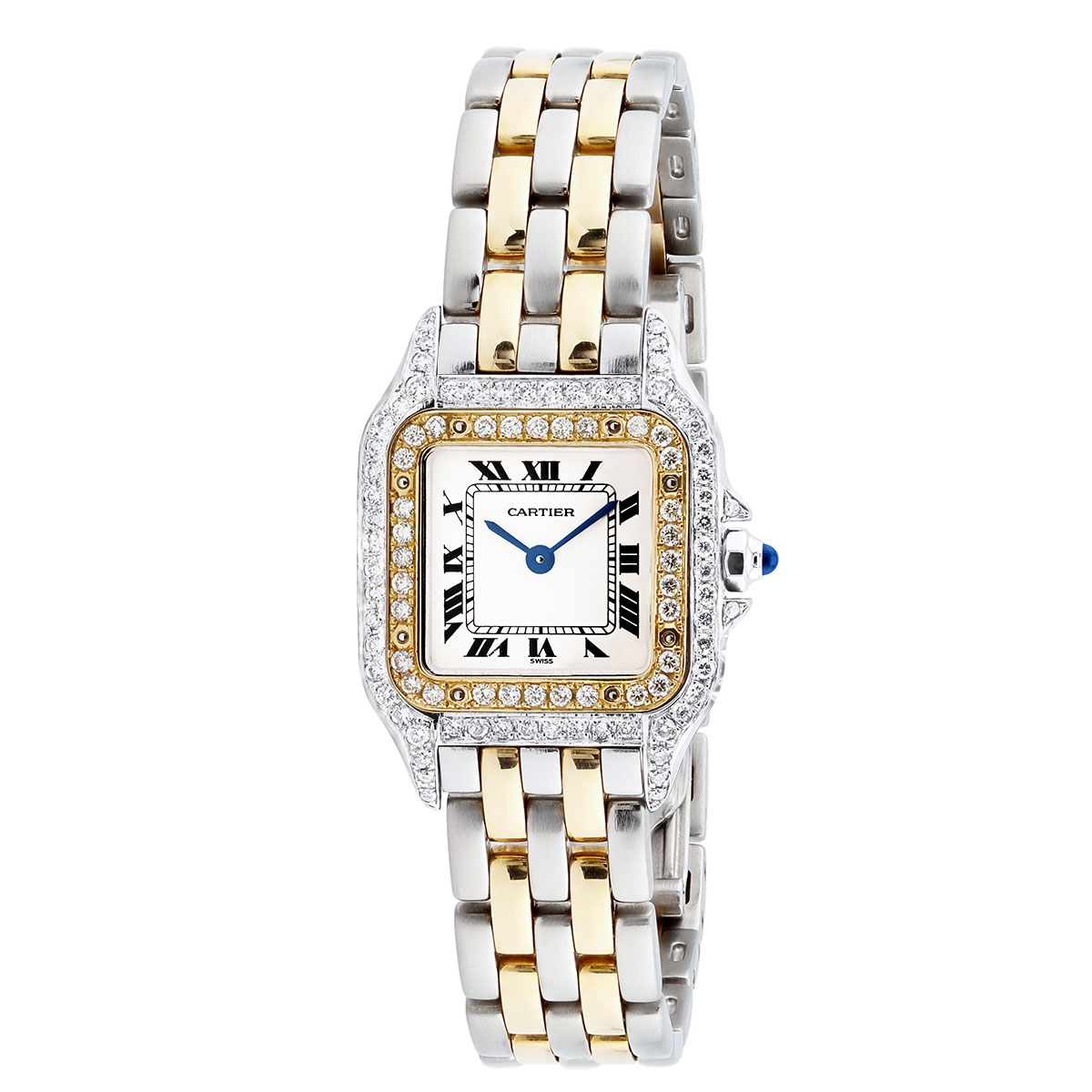 Model/Collection Name: Panthere, Movement: Quartz, Case Diameter/Width: 23 mm, Bezel Material: Yellow Gold, Dial: Cream, Crystal: Scratch Resistant Sapphire Crystal.
