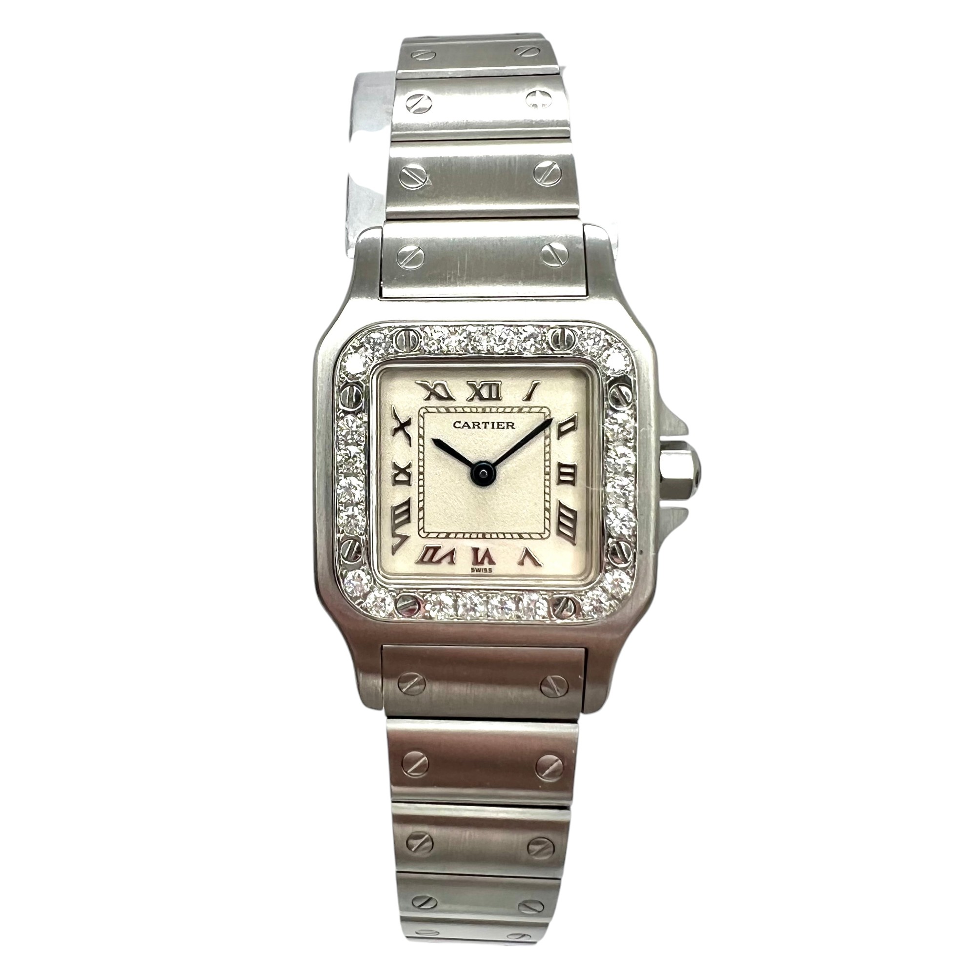 Model/Collection Name: Santos Galbee, Movement: Quartz, Case Diameter/Width: 24 mm, Dial: Cream, Crystal: Scratch Resistant Sapphire Crystal.
