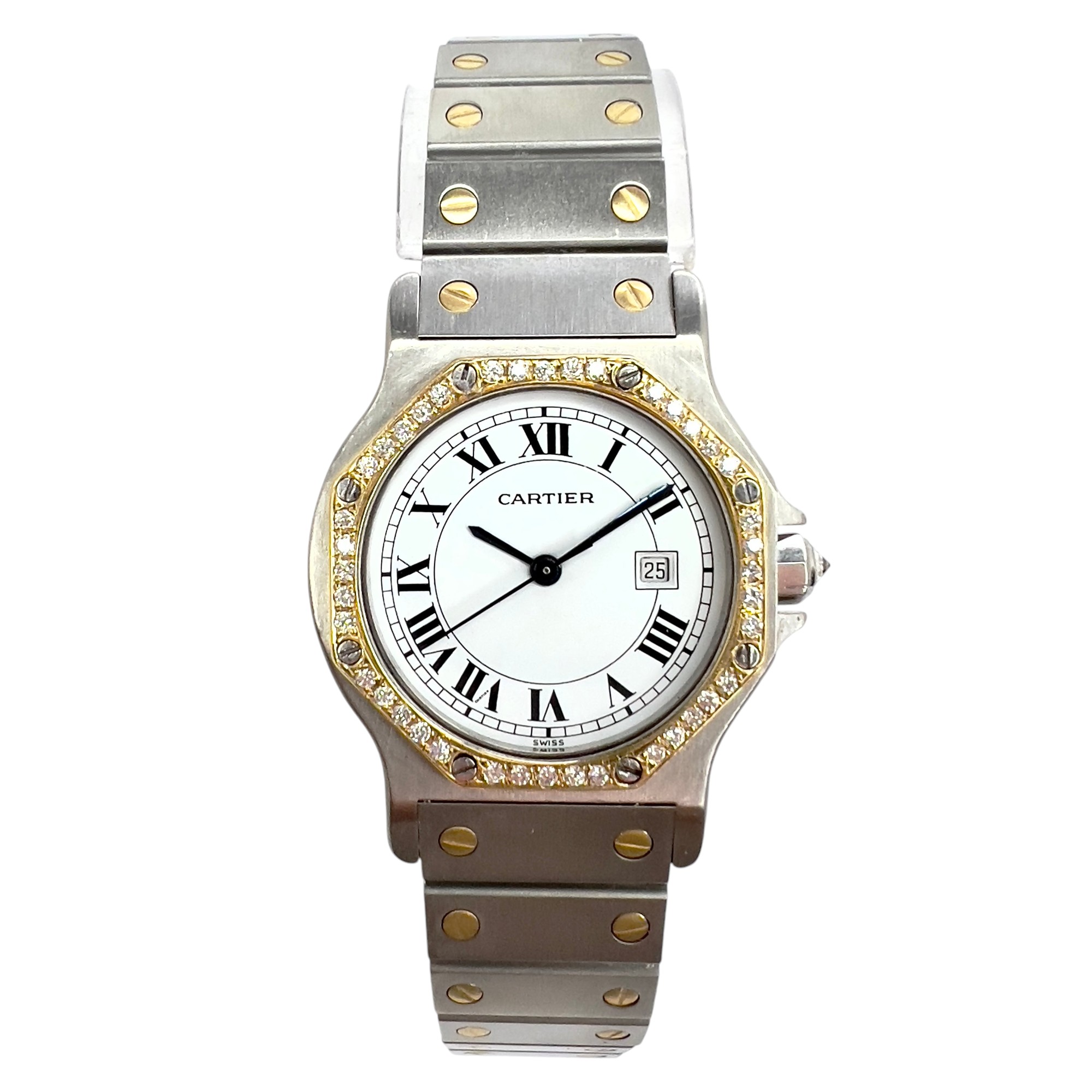 Model/Collection Name: Santos Octagon, Movement: Automatic, Case Diameter/Width: 31 mm, Bezel Material: Gold, Dial: White, Crystal: Scratch Resistant Sapphire Crystal.