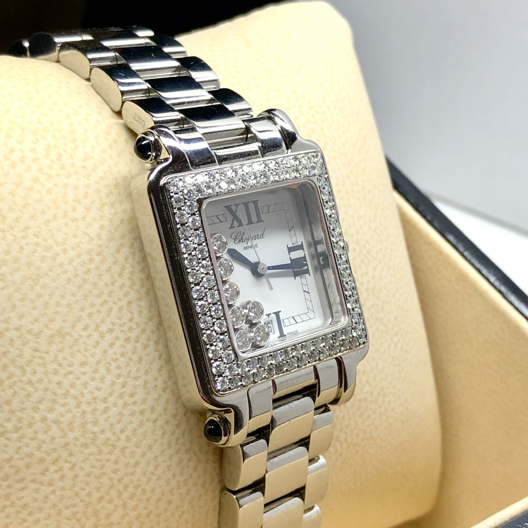 CHOPARD HAPPY SPORT Quartz 27mm Steel 7 Floating ~4TCW DIAMOND Watch White Dial Chopard Happy Sport 18K White Gold 7 Floating Diamond Square  main image 3