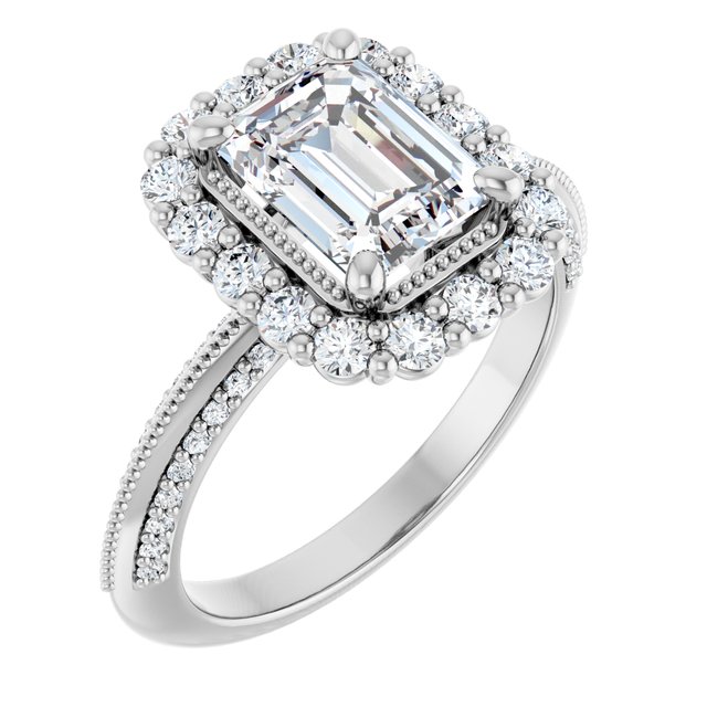 Item Code: ST179DLE, Warranty: 12 months, Ring Style: Birthstone, Metal: 14K Gold, Bridal: Bridal, Engagement, Setting Type: Halo, Personalization: Yes, Jewelry Shape: Rectangle, Carat Weight: 2 ct, Type of Gemstone: Diamond, Shape: Emerald, Round, Color: F, Clarity: VS1, Stone Setting Type: Prong, Shared Prong, Pinpoint.