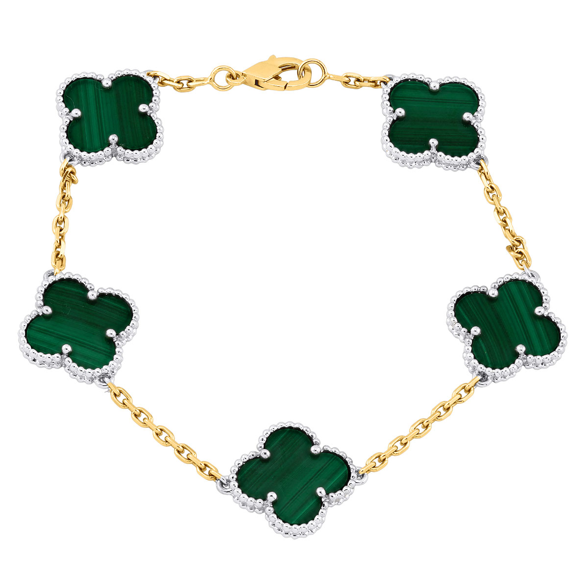 グリーン クローバーブレスレット Women's 14K White/Yellow Gold Clover Bracelet with Green Malachite