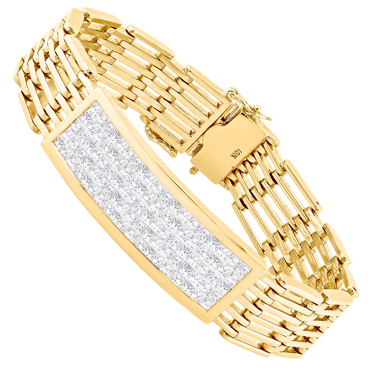 Men's 14K Gold Princess Cut Diamond Bracelet Five Row Design 7.5ct