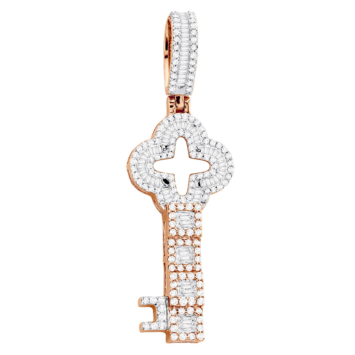 Item Code: 407230, Approx. Weight: 4.53 g, Warranty: 12 months, Pendant Type: Key, Metal: 14K Yellow/White Gold, Width: 9/16in (15mm), Length: 1 3/4in (45mm), Bail Opening, Width: 6 mm, Bail Opening, Height: 14 mm, Jewelry Shape: Flower, Key, Carat Weight: 0.8 ct, Type of Gemstone: Diamond, Shape: Round, Baguette, Color: H, Clarity: SI, Stone Setting Type: Prong, Channel.