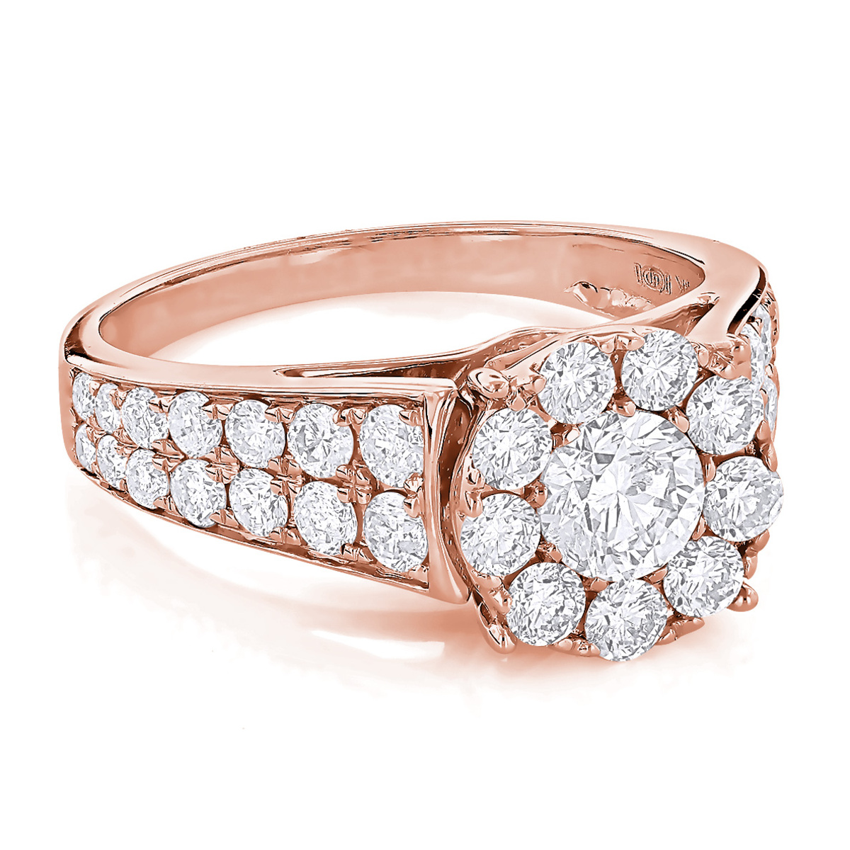 Item Code: 204988, Approx. Weight: 4 g, Warranty: 12 months, Ring Style: Birthstone, Metal: 14K Gold, Bridal: Bridal, Engagement, Setting Type: Halo, Width: 3/8in (10mm), Personalization: Yes, Carat Weight: 2.22 ct, Type of Gemstone: Diamond, Shape: Round, Color: G-H, Clarity: VS-SI, Stone Setting Type: Cluster, Pave.