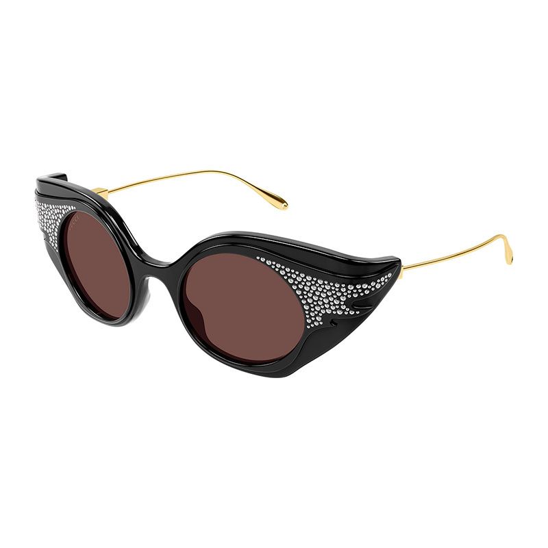 Item Code: M08443, UPC: 889652414850, Glasses Style: Geometric, Glasses Type: Sunglasses, Frame Color: Shiny Black with Crystal Strass, Frame Material: Recycled Acetate, Lens Color: Brown, Bridge Size: 21 mm, Sun Protection: 100% UV, Temple Length: 140 mm.