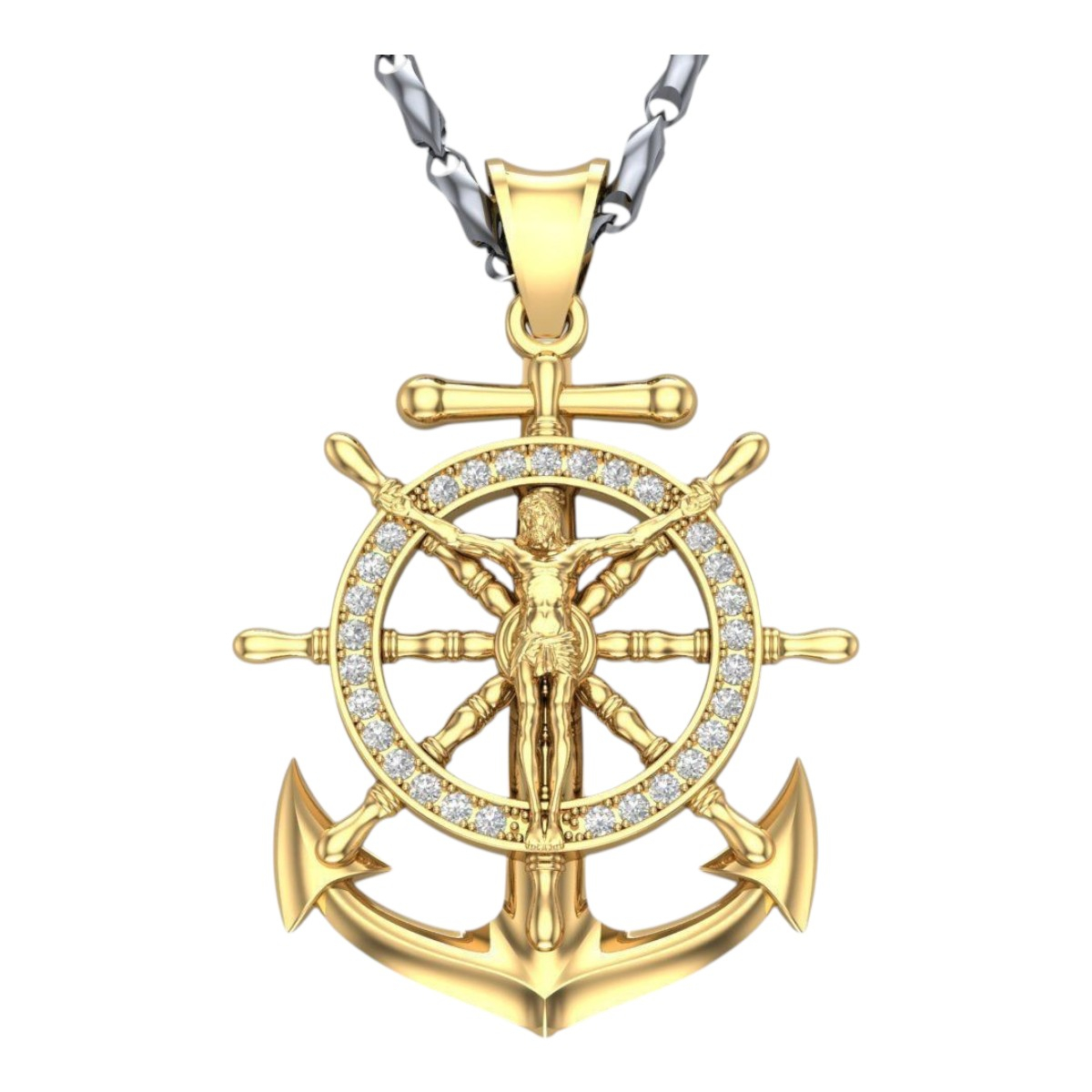 Religious 14K Yellow Gold Diamond Anchor Pendant for Men Jesus