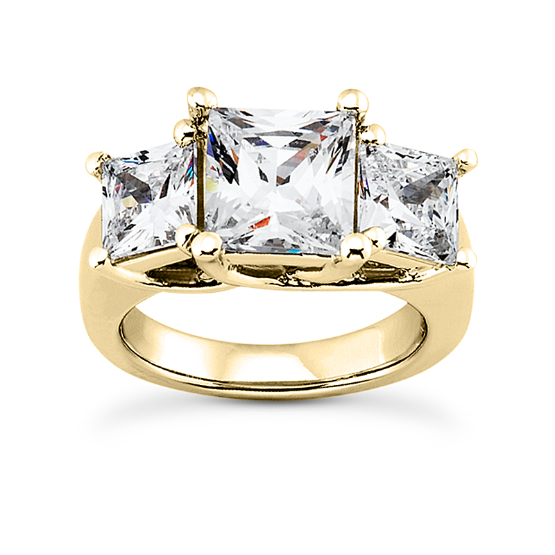 Item Code: 006725, Approx. Weight: 3 g, Warranty: 12 months, Ring Style: Birthstone, Metal: 14K Gold, Bridal: Bridal, Engagement, Setting Type: Three-Stone, Width: 1/8in (3mm), Personalization: Yes, Carat Weight: 0.64 ct, Type of Gemstone: Diamond, Shape: Princess, Color: H, Clarity: SI, Stone Setting Type: Prong.