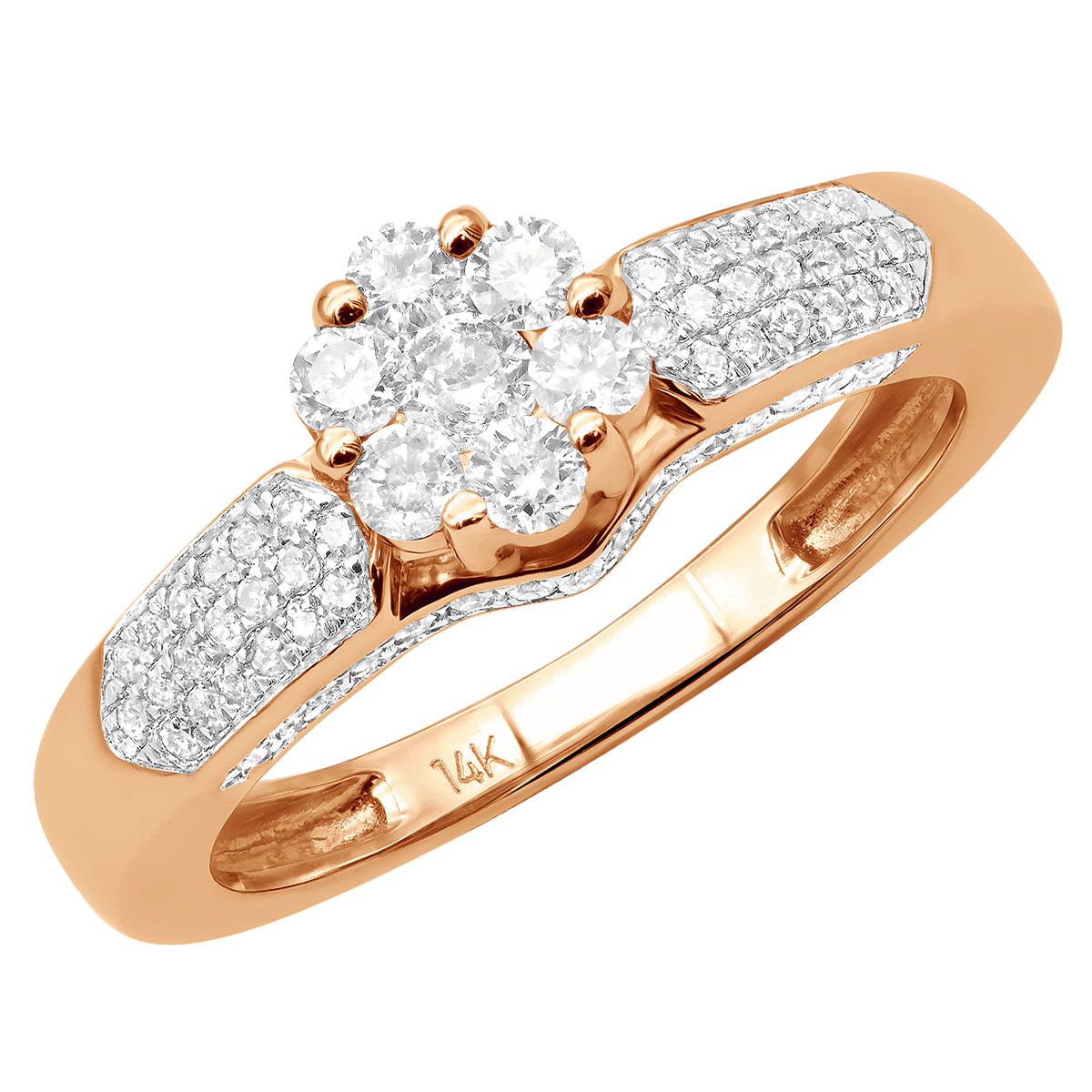 Item Code: 405546, Approx. Weight: 3 g, Warranty: 12 months, Ring Style: Birthstone, Metal: 14K Gold, Bridal: Engagement, Promise, Setting Type: Cluster, Width: 3/16in (6mm), Personalization: Yes, Carat Weight: 0.84 ct, Type of Gemstone: Diamond, Shape: Round, Color: H, Clarity: SI, Stone Setting Type: Cluster, Illusion, Pave, Prong.