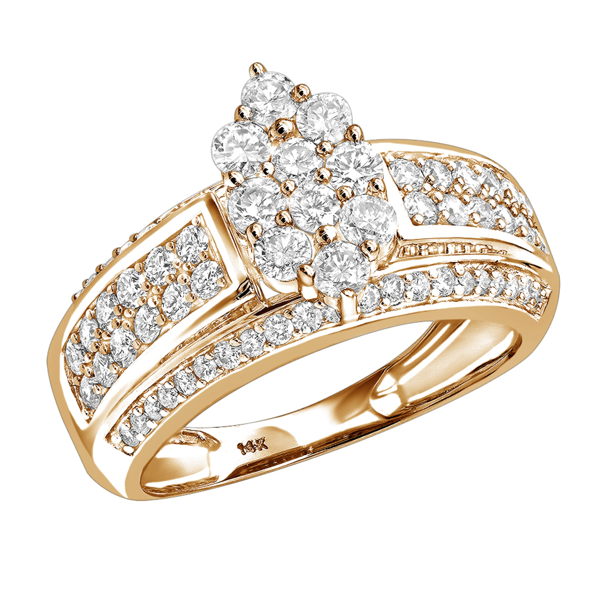 Item Code: 405571, Approx. Weight: 7 g, Warranty: 12 months, Ring Style: Birthstone, Metal: 14K Gold, Bridal: Engagement, Promise, Setting Type: Cluster, Width: 7/16in (11mm), Personalization: Yes, Carat Weight: 1.55 ct, Type of Gemstone: Diamond, Shape: Round, Color: H, Clarity: SI, Stone Setting Type: Cluster, Pave, Prong.