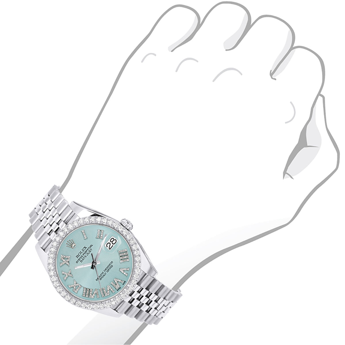 Rolex Datejust 41mm Light Blue Roman Numerals Dial Diamond Bezel