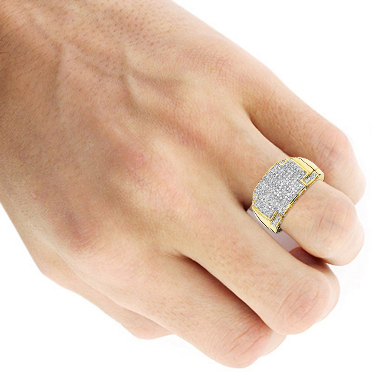 Bague Pour Homme En Or Jaune 10k Avec Diamants Micro Pave - Taille 10.5 - Occasion Très Bon état