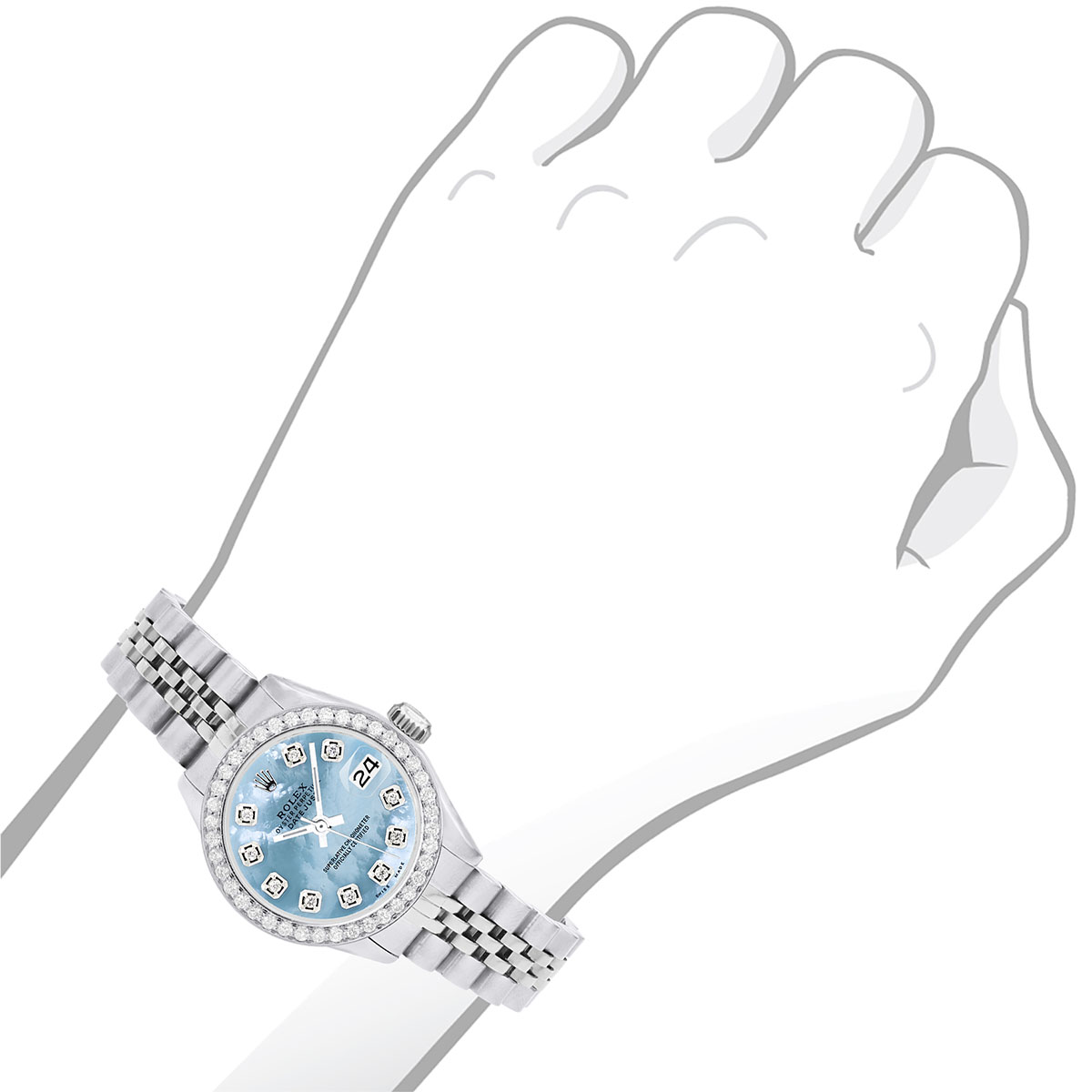 Rolex Blue Oyster Perpetual Lady Date 26mm watch, jubilee band, diamonds 90s Womens Diamond Rolex Watch | 1 Carat Bezel | 26Mm | Light  main image 2