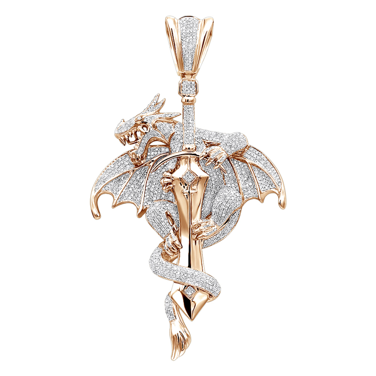 10K White Gold Diamond Dragon on a Sword Pendant for Men by