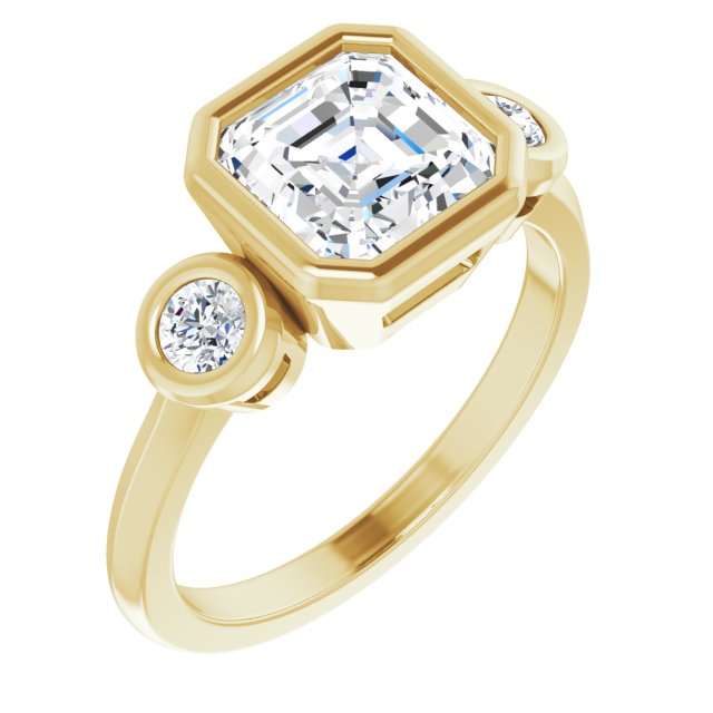 Item Code: ST184DLA, Warranty: 12 months, Ring Style: Birthstone, Metal: 14K Gold, Bridal: Bridal, Engagement, Setting Type: Bezel, Three-Stone, Personalization: Yes, Carat Weight: 2 ct, Type of Gemstone: Diamond, Shape: Asscher, Round, Color: F, Clarity: VS1, Stone Setting Type: Bezel.