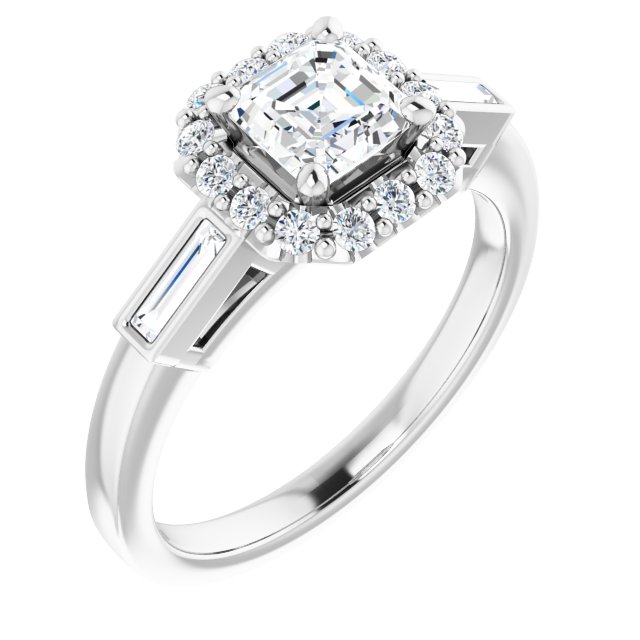 Item Code: ST044DNA, Warranty: 12 months, Ring Style: Birthstone, Metal: 14K Gold, Bridal: Bridal, Engagement, Setting Type: Bezel, Halo, Width: 3/8in (9mm), Personalization: Yes, Type of Gemstone: Diamond, Shape: Asscher, Round, Straight Baguette, Color: H, Clarity: SI1, Stone Setting Type: Prong, Shared Prong, Bezel.