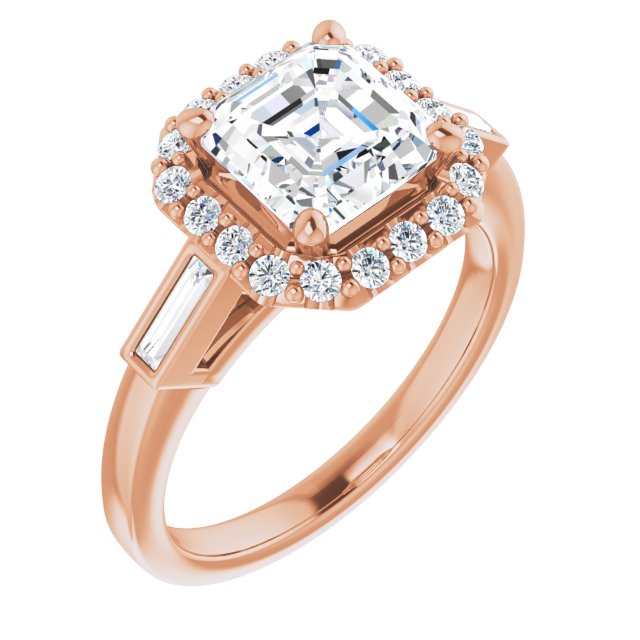 Item Code: ST044DLA, Warranty: 12 months, Ring Style: Birthstone, Metal: 14K Gold, Bridal: Bridal, Engagement, Setting Type: Bezel, Halo, Width: 7/16in (11mm), Personalization: Yes, Carat Weight: 2 ct, Type of Gemstone: Diamond, Shape: Asscher, Round, Straight Baguette, Color: F, Clarity: VS1, Stone Setting Type: Prong, Shared Prong, Bezel.