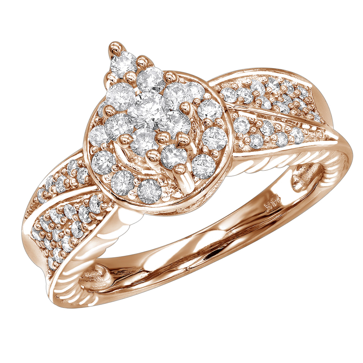 Item Code: 405569, Approx. Weight: 7 g, Warranty: 12 months, Ring Style: Birthstone, Metal: 14K Gold, Bridal: Engagement, Promise, Setting Type: Cluster, Width: 3/8in (10mm), Carat Weight: 0.75 ct, Type of Gemstone: Diamond, Shape: Round, Color: H, Clarity: SI, Stone Setting Type: Cluster, Prong.