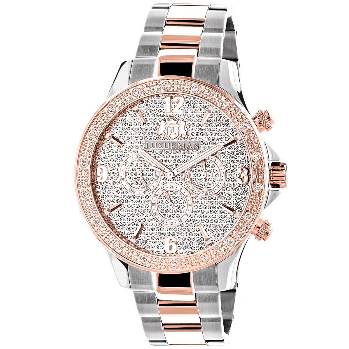 Luxurman Mens Diamond Watch Two-Tone White Rose Gold Pltd