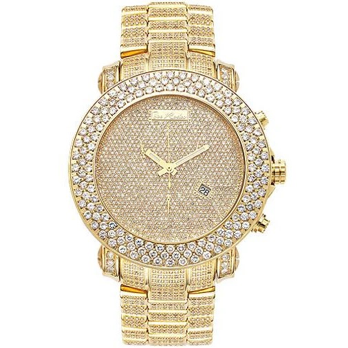 Model/Collection Name: Junior, Movement: Swiss-Quartz, Functions: Chronograph, Date Indicator, Second Hand-Indicator, Watch Shape: Round, Case Diameter/Width: 50 mm, Bezel Material: Yellow Stainless Steel, Dial: Iced Out, Crystal: Mineral Crystal.