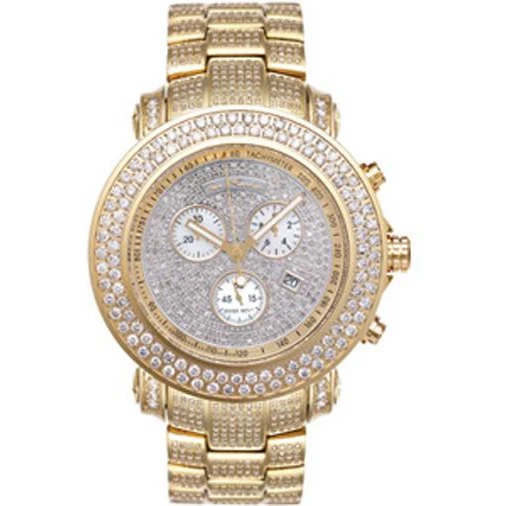 Model/Collection Name: Junior, Movement: Swiss-Quartz, Functions: Chronograph, Date Indicator, Second Hand-Indicator, Watch Shape: Round, Case Diameter/Width: 50 mm, Bezel Material: Yellow Stainless Steel, Dial: Iced Out, Crystal: Mineral Crystal.