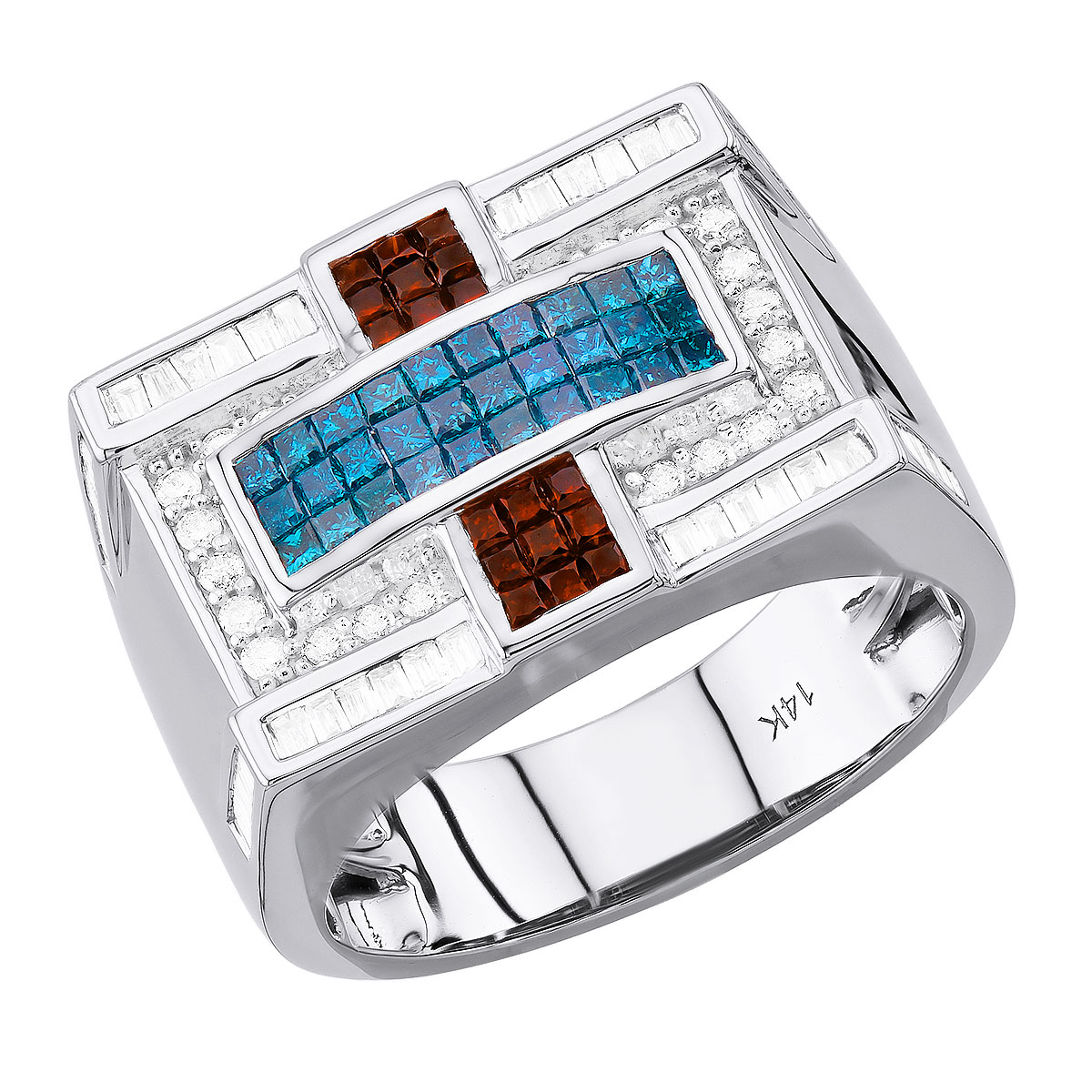 Men's Rectangular Blue White Red Diamond Statement Ring Invisible