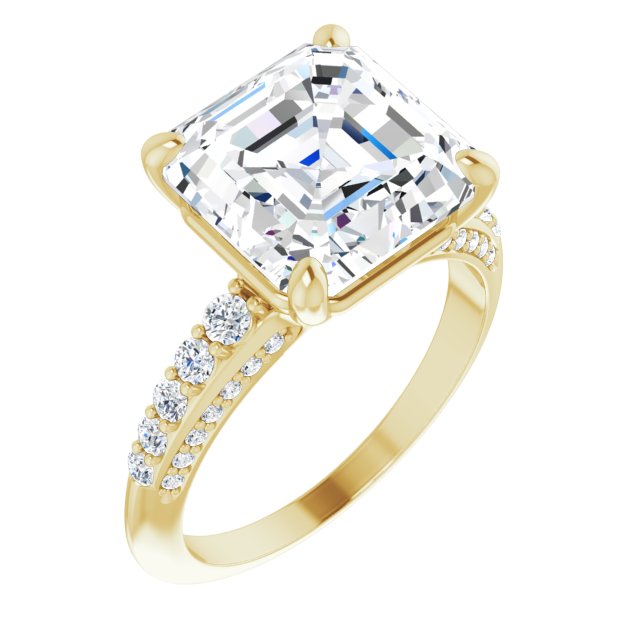 Item Code: ST021DNA, Warranty: 12 months, Ring Style: Birthstone, Metal: 14K Gold, Bridal: Bridal, Engagement, Setting Type: Accented, Width: 7/16in (10.5mm), Personalization: Yes, Carat Weight: 5 ct, Type of Gemstone: Diamond, Shape: Asscher, Round, Color: H, Clarity: SI1, Stone Setting Type: Prong, Shared Prong.