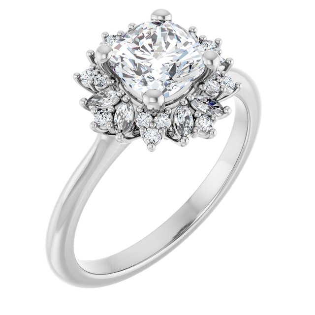 Item Code: ST147DNC, Warranty: 12 months, Ring Style: Birthstone, Metal: 14K Gold, Bridal: Bridal, Engagement, Setting Type: Halo, Width: 1/2in (12mm), Personalization: Yes, Carat Weight: 1 ct, Type of Gemstone: Diamond, Shape: Cushion, Marquise, Round, Color: H, Clarity: SI1, Stone Setting Type: Prong, Shared Prong.