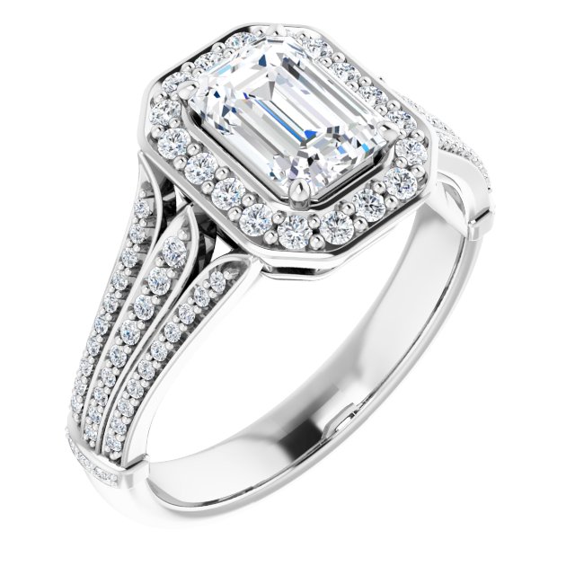 Item Code: ST240DNE, Warranty: 12 months, Ring Style: Birthstone, Metal: 14K Gold, Bridal: Bridal, Engagement, Setting Type: Halo, Width: 7/16in (11mm), Personalization: Yes, Jewelry Shape: Rectangle, Carat Weight: 1 ct, Type of Gemstone: Diamond, Shape: Emerald, Round, Color: H, Clarity: SI1, Stone Setting Type: Prong, Pinpoint.