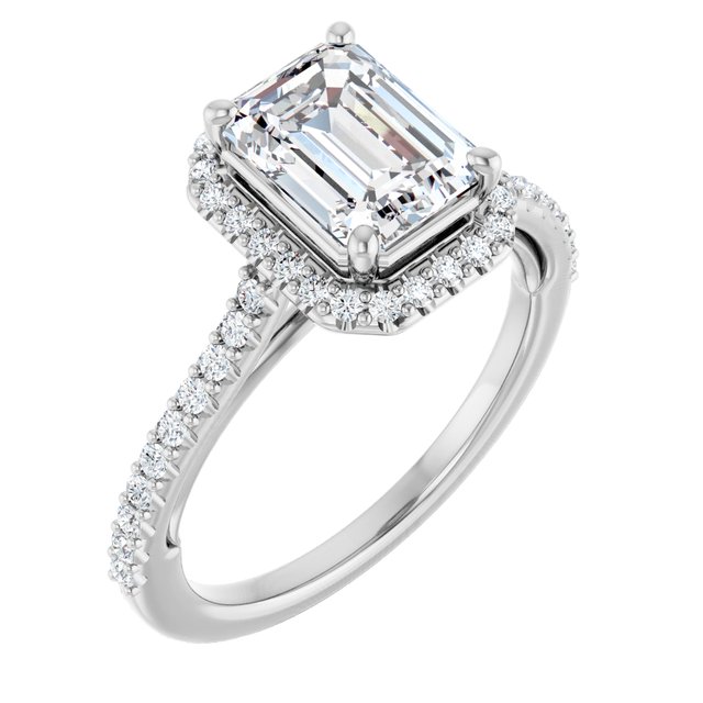 Item Code: ST086DLE, Warranty: 12 months, Ring Style: Birthstone, Metal: 14K Gold, Bridal: Bridal, Engagement, Setting Type: Halo, Width: 7/16in (11mm), Personalization: Yes, Jewelry Shape: Rectangle, Carat Weight: 2 ct, Type of Gemstone: Diamond, Shape: Emerald, Round, Color: F, Clarity: VS1, Stone Setting Type: Prong, Shared Prong.