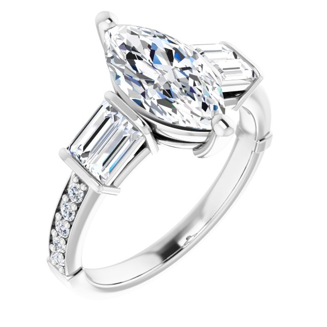 Item Code: ST009DNM, Warranty: 12 months, Ring Style: Birthstone, Metal: 14K Gold, Bridal: Bridal, Engagement, Setting Type: Accented, Width: 9/16in (14mm), Personalization: Yes, Jewelry Shape: Marquise, Carat Weight: 2 ct, Type of Gemstone: Diamond, Shape: Marquise, Straight Baguette, Round, Color: H, Clarity: SI1, Stone Setting Type: Prong, Bar, Pinpoint.