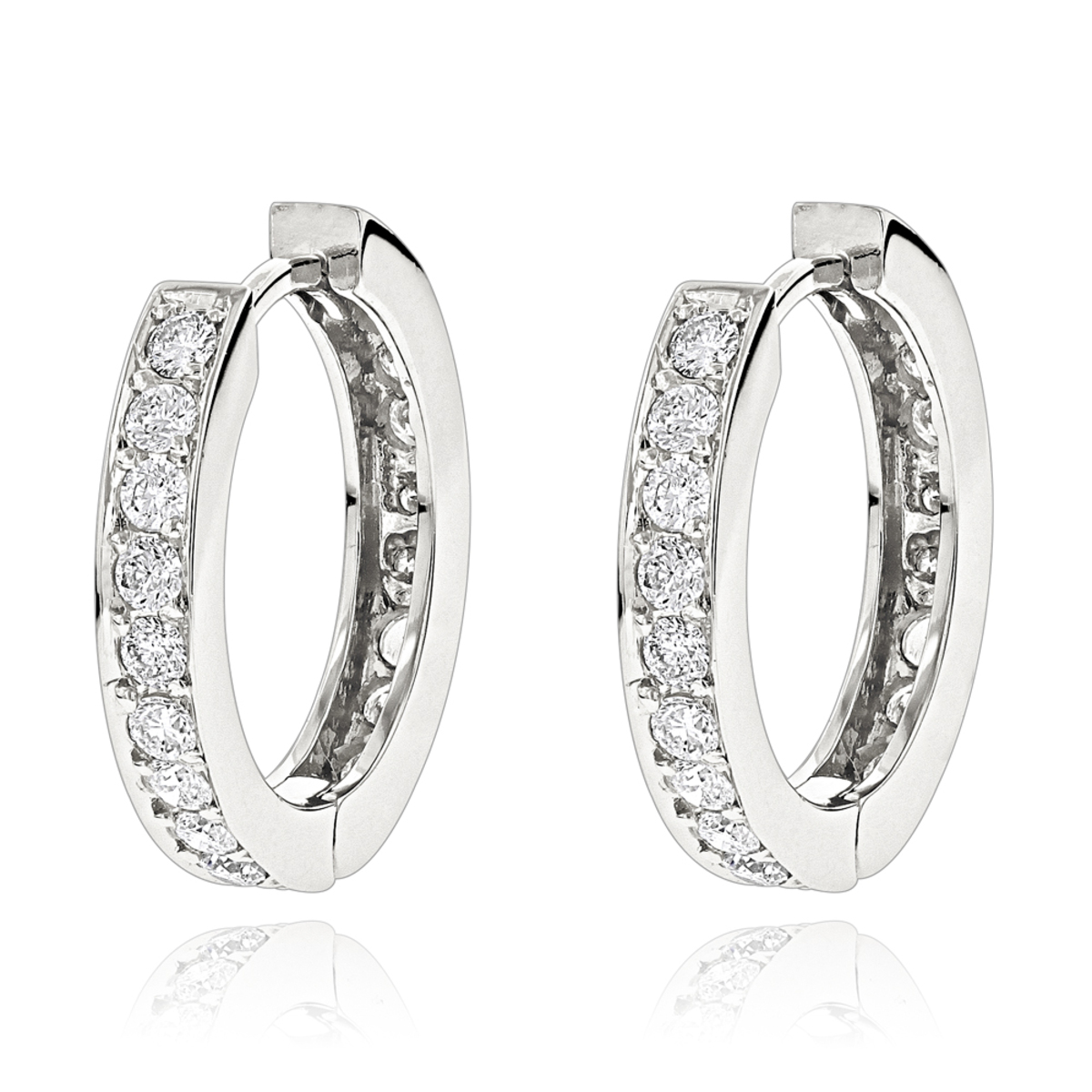 Item Code: 001146, Approx. Weight: 3.5 g, Warranty: 12 months, Metal: 14K Gold, Width: 1/8in (2.5mm), Length: 11/16in (17mm), Earring Type: Hoop, Hypoallergenic, Huggie, Earring Back: Hinged, Jewelry Shape: Circle, Carat Weight: 1.2 ct, Type of Gemstone: Diamond, Shape: Round, Color: G-H, Clarity: VS-SI, Stone Setting Type: Prong.