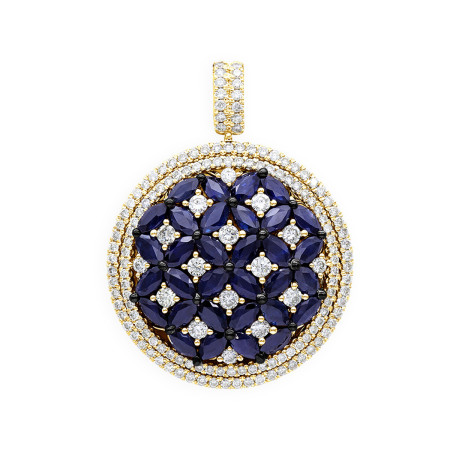 Royal Halo Round Shape Diamond Pendant For Women with Sapphires 14K Gold  890973