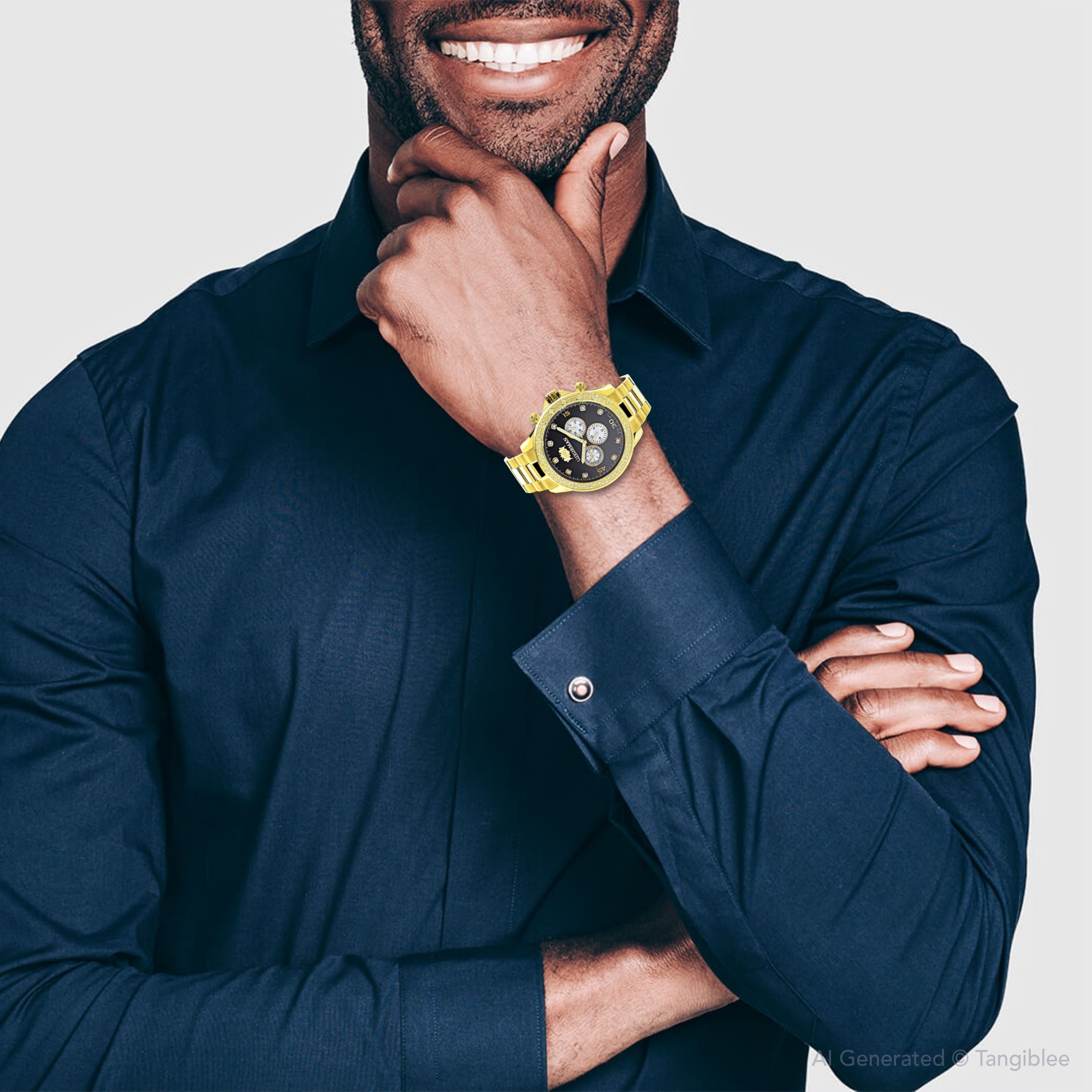 Black Dial Yellow Gold Plated Luxurman Diamond Watch for Men